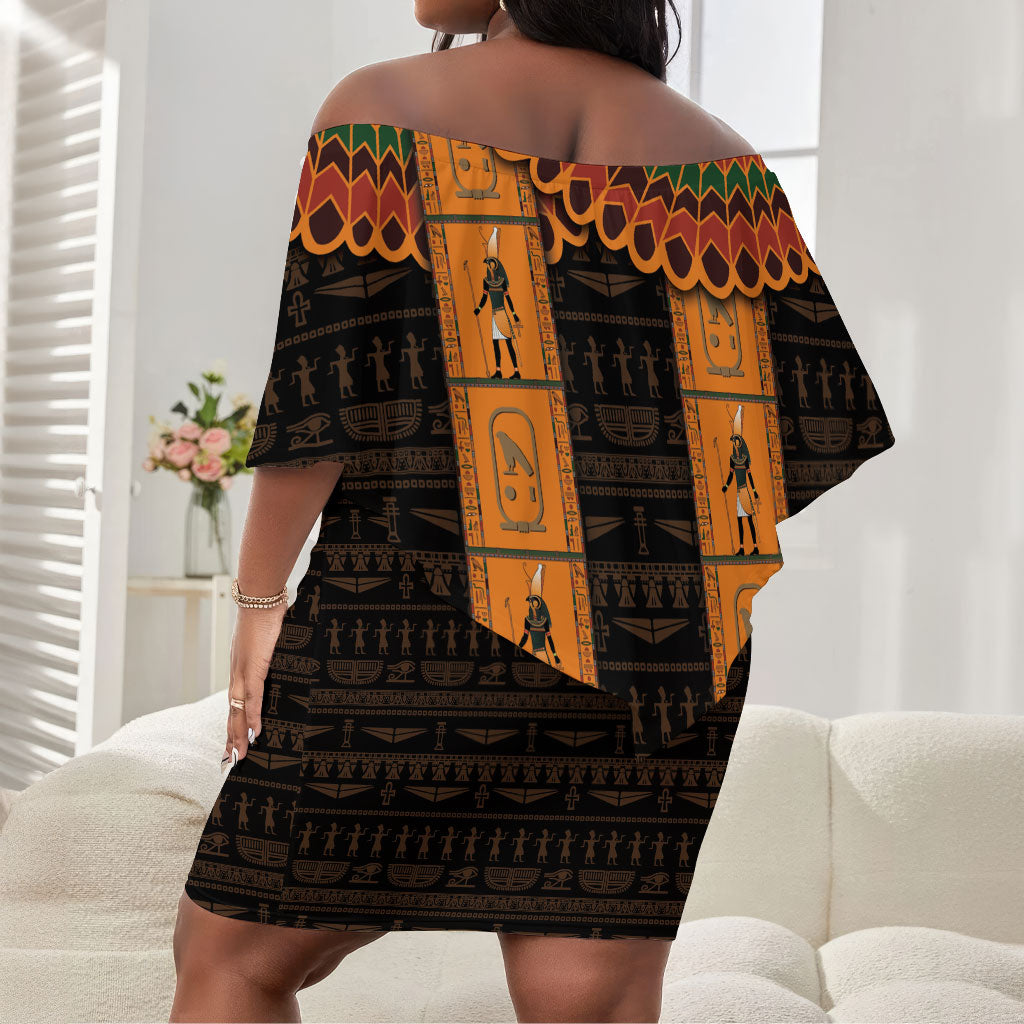 Egyptian God Horus Off Shoulder Short Dress Ancient Mythology Falcon Hieroglyphic Patterns