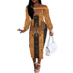 Egyptian God Horus Off The Shoulder Long Sleeve Dress Ancient Mythology Falcon Hieroglyphic Patterns