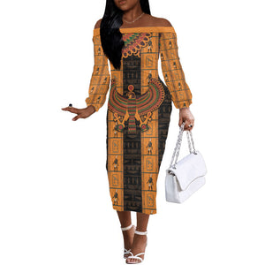 Egyptian God Horus Off The Shoulder Long Sleeve Dress Ancient Mythology Falcon Hieroglyphic Patterns