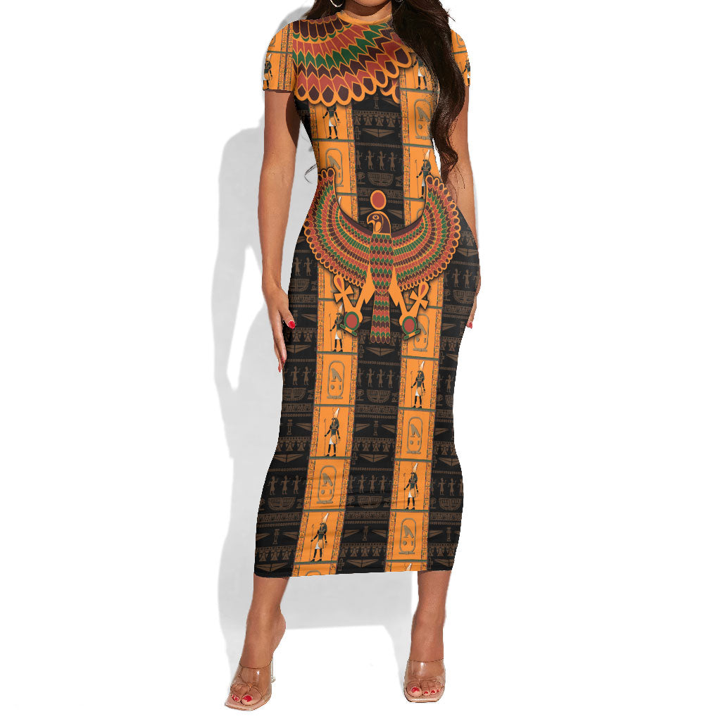 Egyptian God Horus Short Sleeve Bodycon Dress Ancient Mythology Falcon Hieroglyphic Patterns