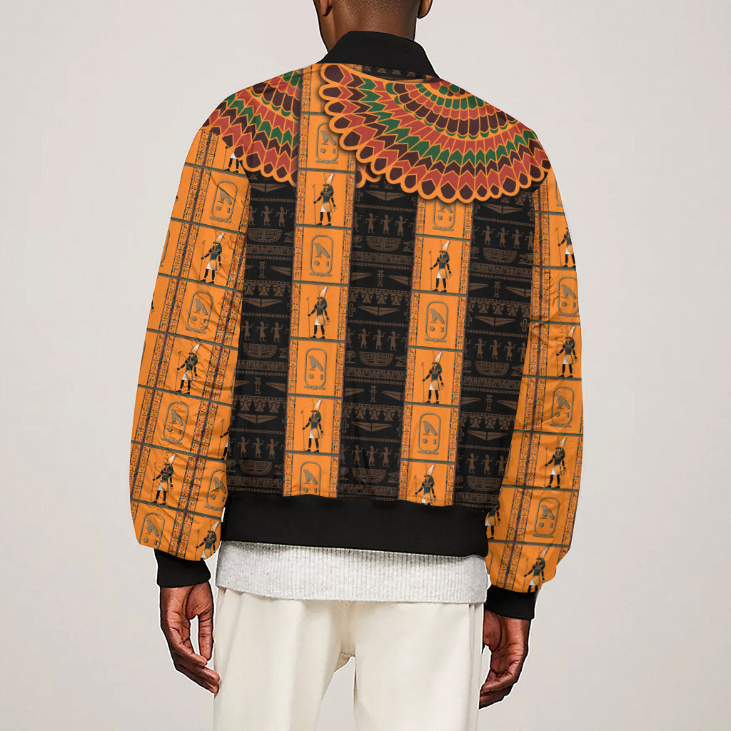 Egyptian God Horus Sleeve Zip Bomber Jacket Ancient Mythology Falcon Hieroglyphic Patterns