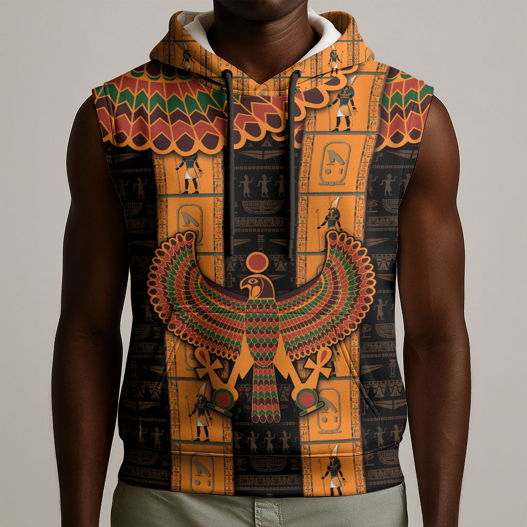 Egyptian God Horus Sleeveless Hoodie Ancient Mythology Falcon Hieroglyphic Patterns