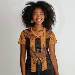 Egyptian God Horus Women V-Neck T-Shirt Ancient Mythology Falcon Hieroglyphic Patterns