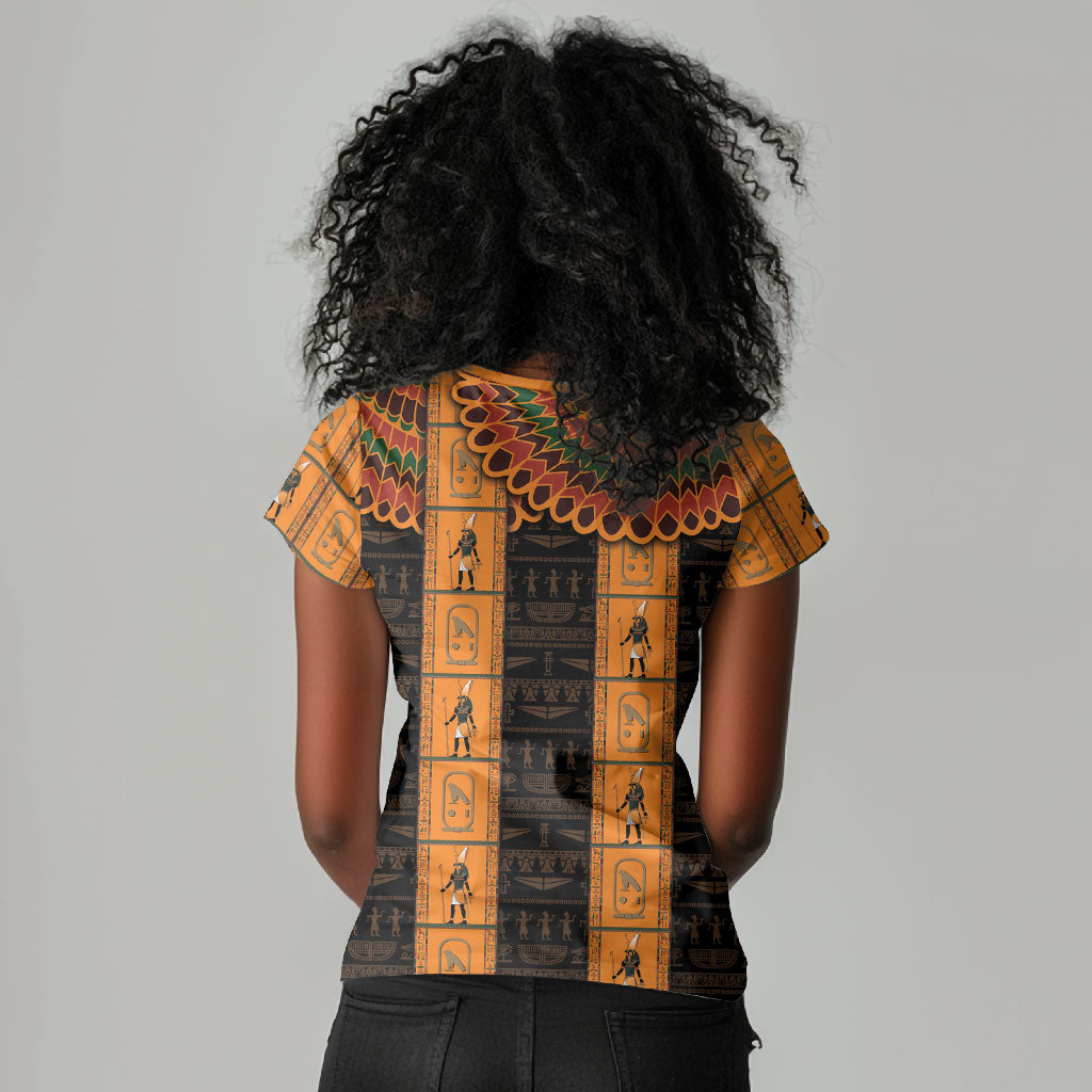 Egyptian God Horus Women V-Neck T-Shirt Ancient Mythology Falcon Hieroglyphic Patterns