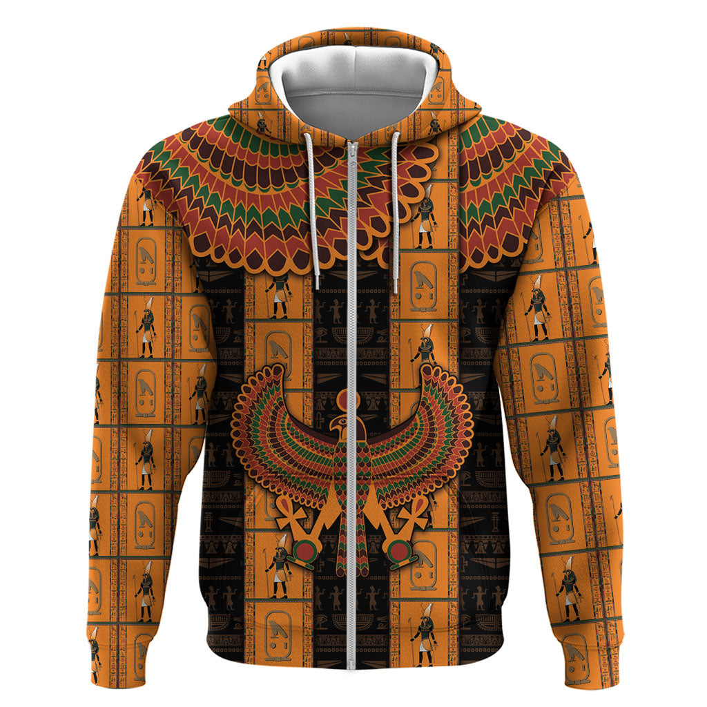 Egyptian God Horus Zip Hoodie Ancient Mythology Falcon Hieroglyphic Patterns