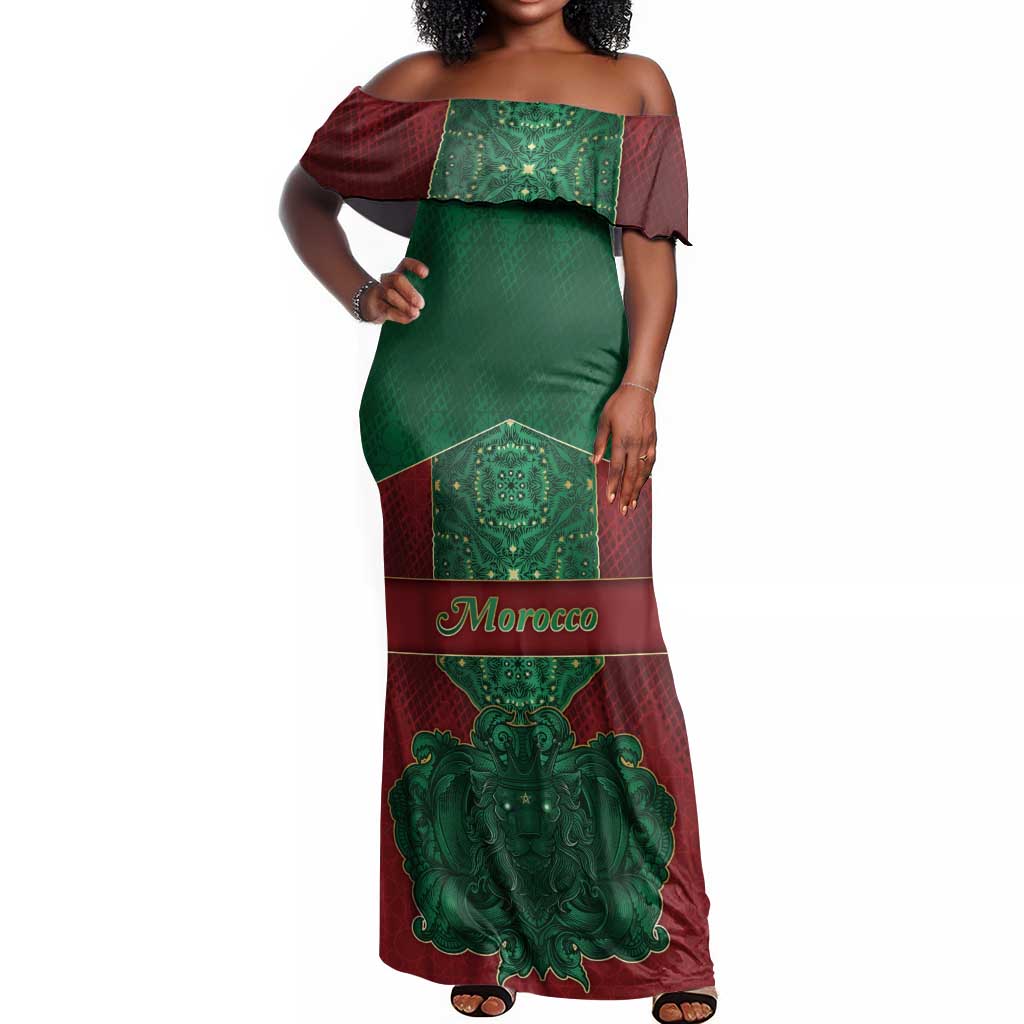 Personalized Morocco Off Shoulder Maxi Dress Royal Lion Islam Patterns - African Pride