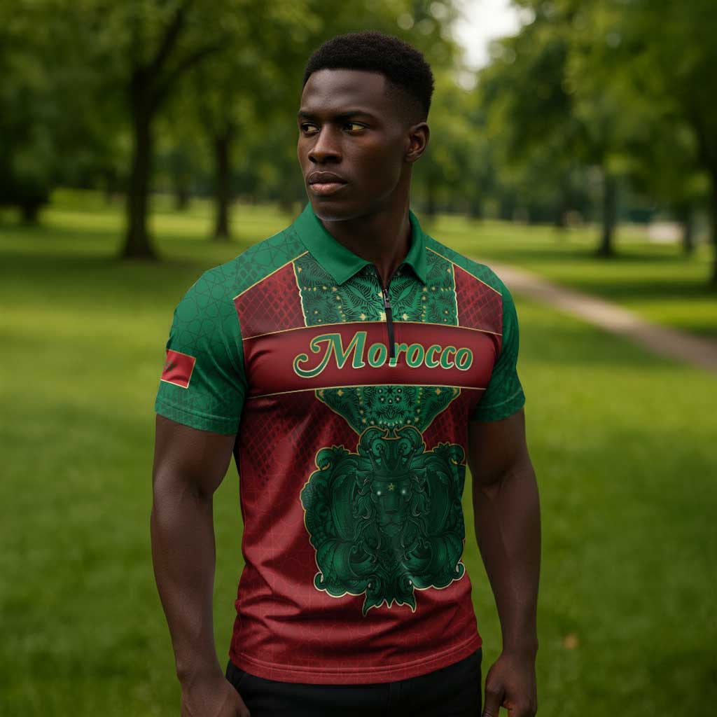 Personalized Morocco Zipper Polo Shirt Royal Lion Islam Patterns - African Pride