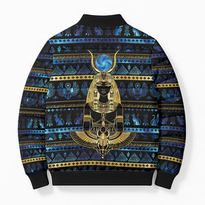 Egyptian Goddess Hathor Bomber Puffer Jacket Galaxy Ancient Mythology Sun Disk Cow Horn