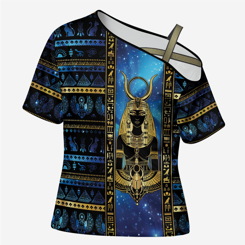 Egyptian Goddess Hathor Cross Shoulder Shirt Galaxy Ancient Mythology Sun Disk Cow Horn