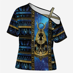 Egyptian Goddess Hathor Cross Shoulder Shirt Galaxy Ancient Mythology Sun Disk Cow Horn