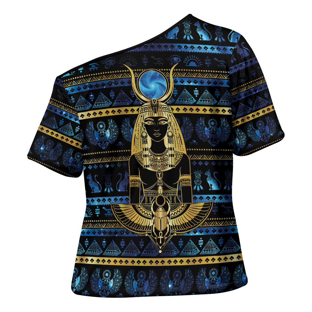 Egyptian Goddess Hathor Cross Shoulder Shirt Galaxy Ancient Mythology Sun Disk Cow Horn