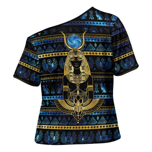 Egyptian Goddess Hathor Cross Shoulder Shirt Galaxy Ancient Mythology Sun Disk Cow Horn