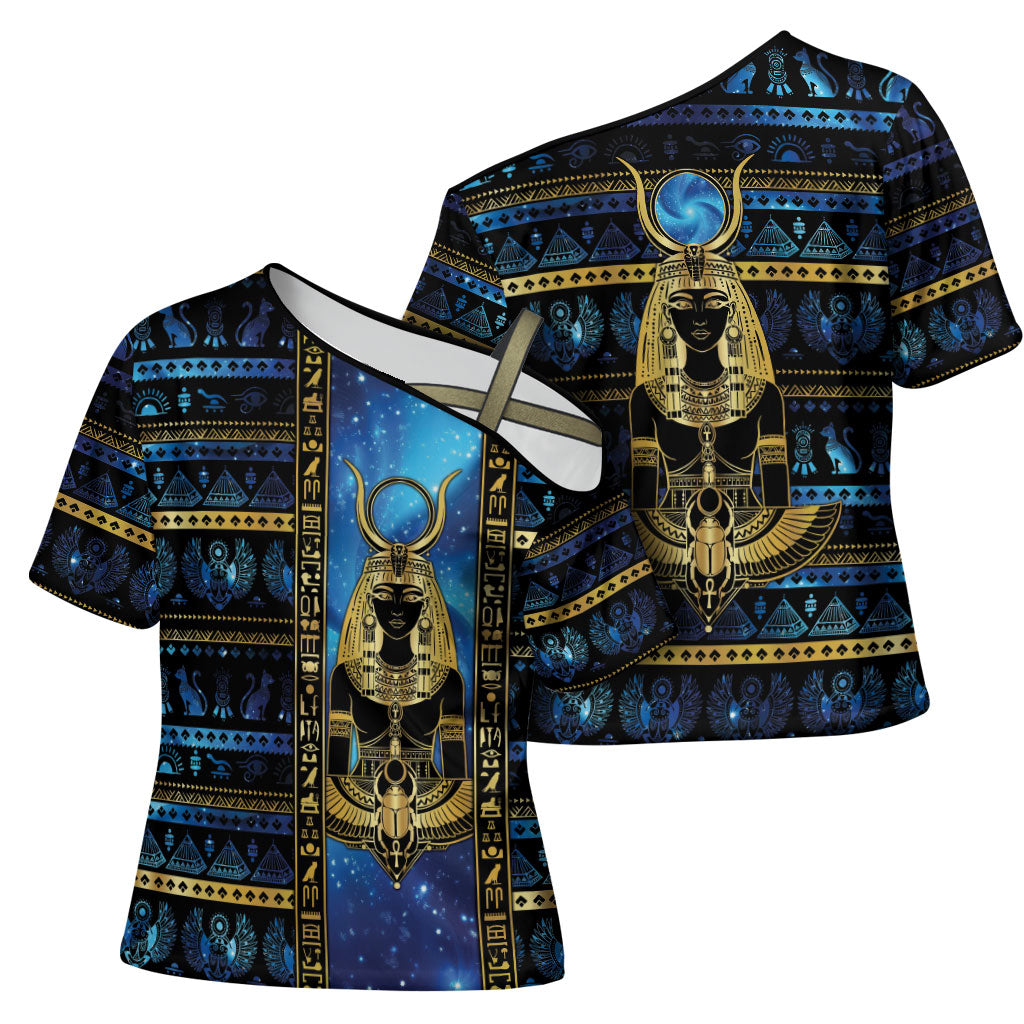 Egyptian Goddess Hathor Cross Shoulder Shirt Galaxy Ancient Mythology Sun Disk Cow Horn