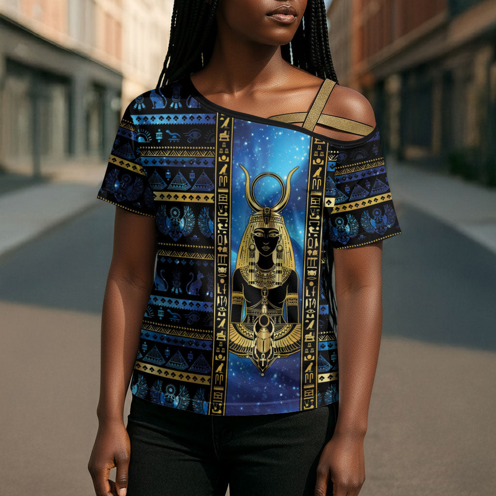 Egyptian Goddess Hathor Cross Shoulder Shirt Galaxy Ancient Mythology Sun Disk Cow Horn