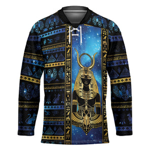 Egyptian Goddess Hathor Hockey Jersey Galaxy Ancient Mythology Sun Disk Cow Horn