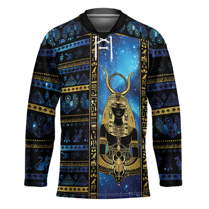 Egyptian Goddess Hathor Hockey Jersey Galaxy Ancient Mythology Sun Disk Cow Horn