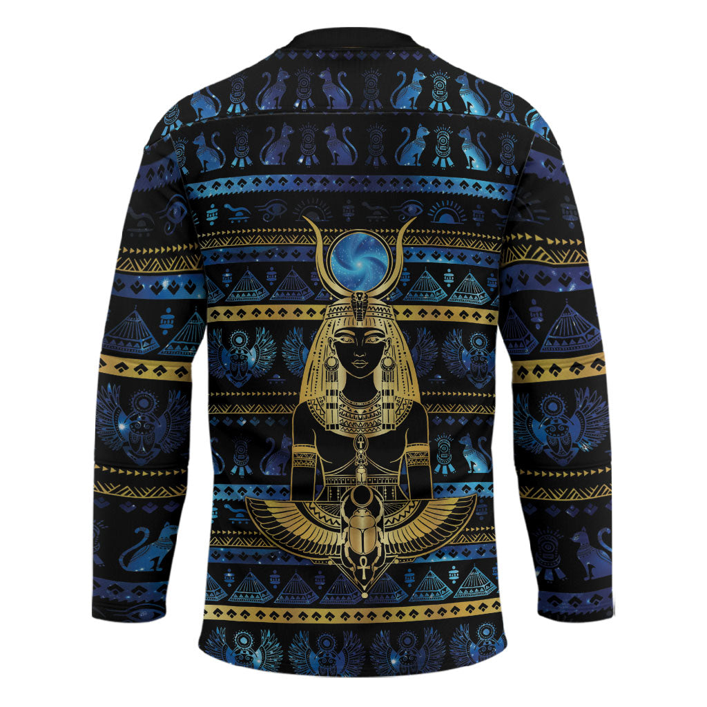 Egyptian Goddess Hathor Hockey Jersey Galaxy Ancient Mythology Sun Disk Cow Horn