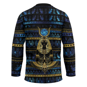 Egyptian Goddess Hathor Hockey Jersey Galaxy Ancient Mythology Sun Disk Cow Horn