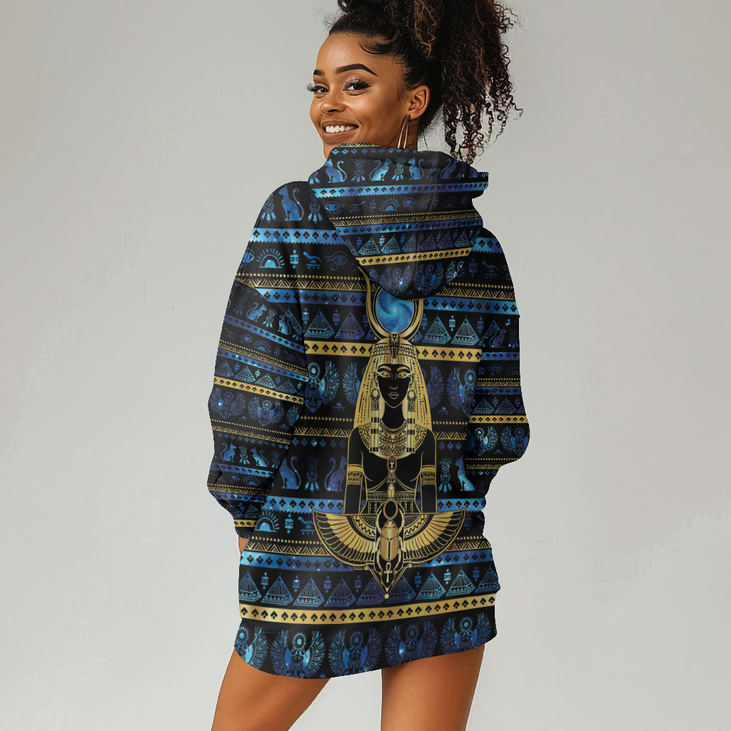 Egyptian Goddess Hathor Hoodie Dress Galaxy Ancient Mythology Sun Disk Cow Horn