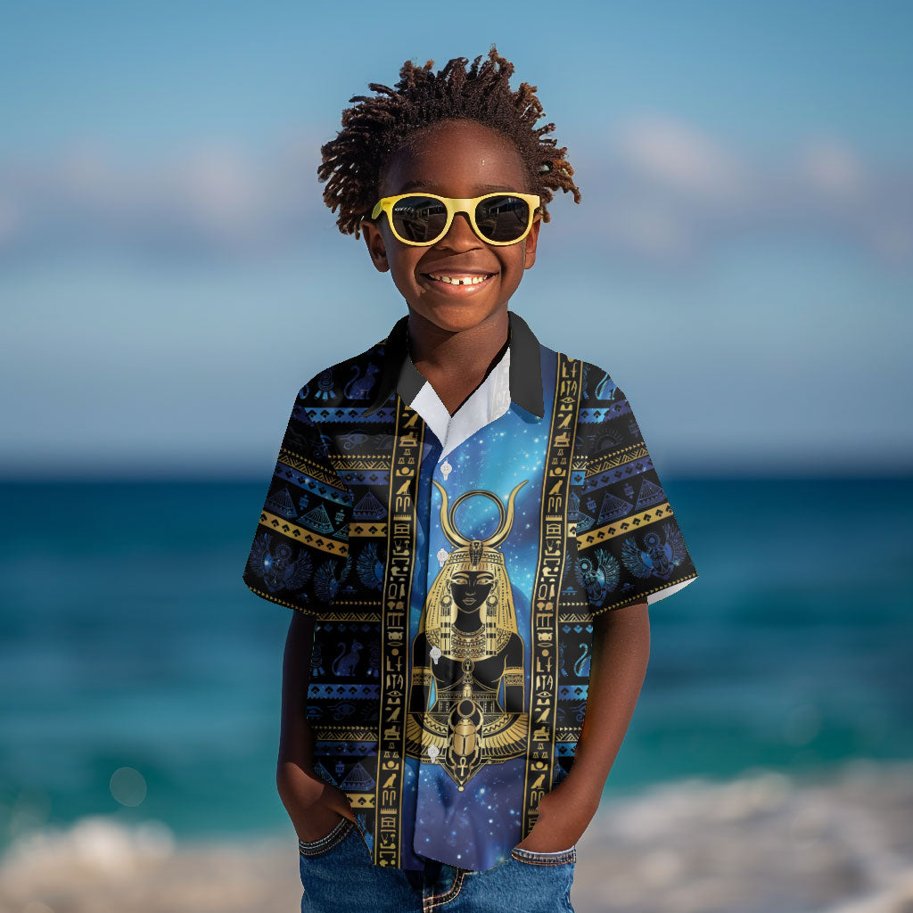 Egyptian Goddess Hathor Kid Hawaiian Shirt Galaxy Ancient Mythology Sun Disk Cow Horn