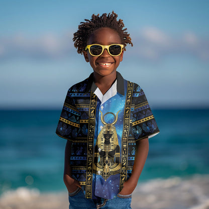 Egyptian Goddess Hathor Kid Hawaiian Shirt Galaxy Ancient Mythology Sun Disk Cow Horn