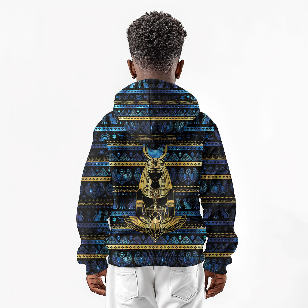 Egyptian Goddess Hathor Kid Hoodie Galaxy Ancient Mythology Sun Disk Cow Horn
