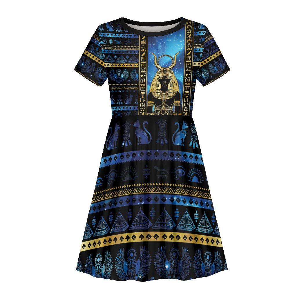 Egyptian Goddess Hathor Kid Short Sleeve Dress Galaxy Ancient Mythology Sun Disk Cow Horn