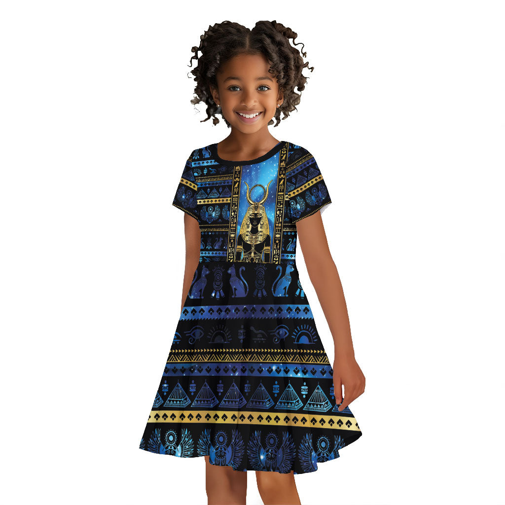 Egyptian Goddess Hathor Kid Short Sleeve Dress Galaxy Ancient Mythology Sun Disk Cow Horn