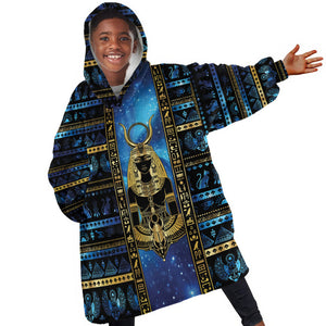 Egyptian Goddess Hathor Kid Wearable Blanket Hoodie Galaxy Ancient Mythology Sun Disk Cow Horn