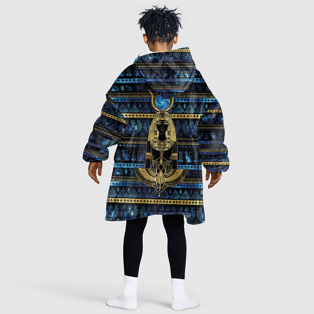Egyptian Goddess Hathor Kid Wearable Blanket Hoodie Galaxy Ancient Mythology Sun Disk Cow Horn