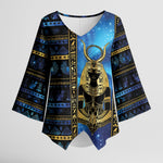 Egyptian Goddess Hathor Kimono Sleeve Blouse Galaxy Ancient Mythology Sun Disk Cow Horn