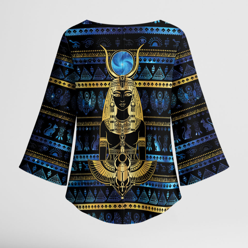 Egyptian Goddess Hathor Kimono Sleeve Blouse Galaxy Ancient Mythology Sun Disk Cow Horn