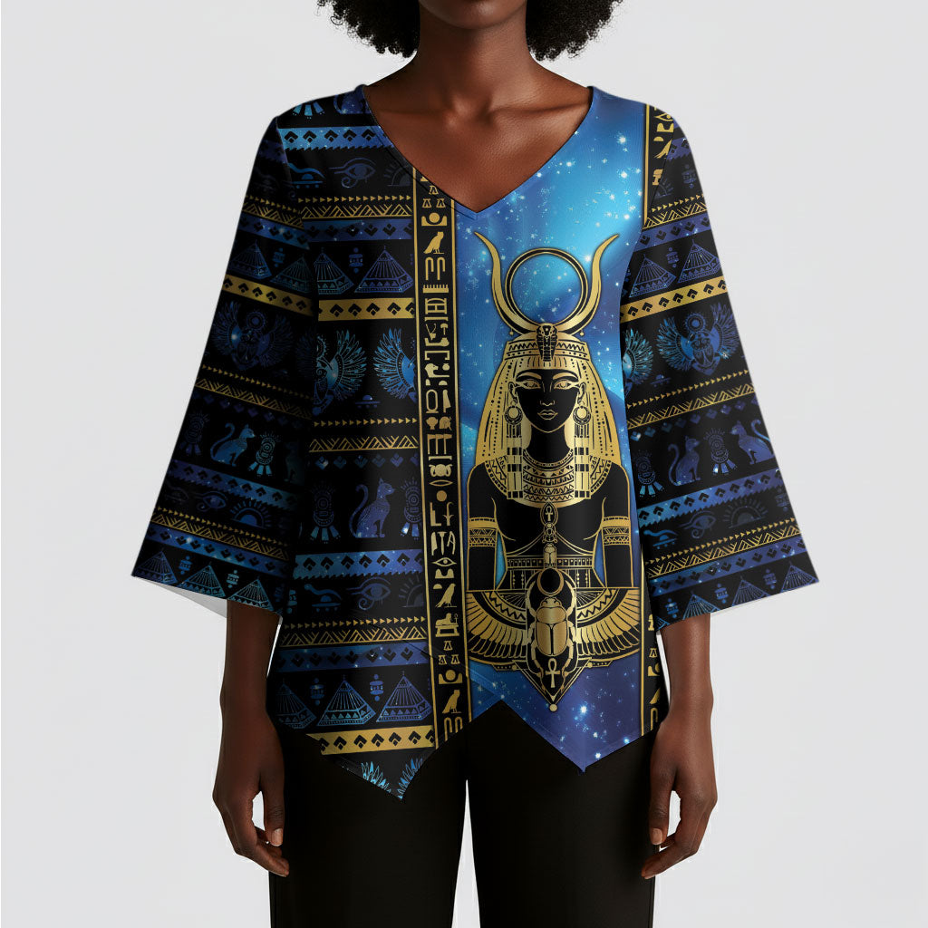 Egyptian Goddess Hathor Kimono Sleeve Blouse Galaxy Ancient Mythology Sun Disk Cow Horn