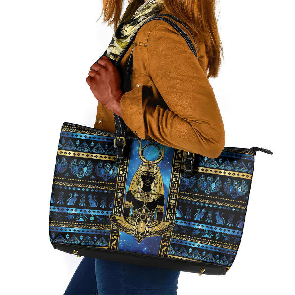 Egyptian Goddess Hathor Leather Tote Bag Galaxy Ancient Mythology Sun Disk Cow Horn