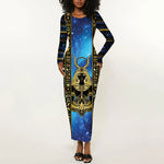 Egyptian Goddess Hathor Long Sleeve Bodycon Dress Galaxy Ancient Mythology Sun Disk Cow Horn