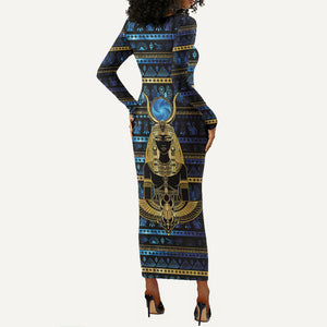 Egyptian Goddess Hathor Long Sleeve Bodycon Dress Galaxy Ancient Mythology Sun Disk Cow Horn