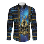 Egyptian Goddess Hathor Long Sleeve Button Shirt Galaxy Ancient Mythology Sun Disk Cow Horn