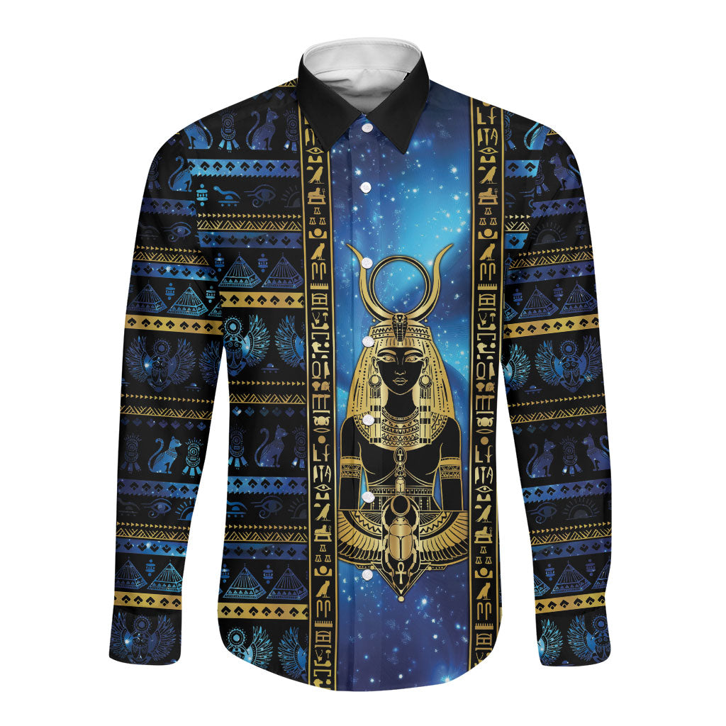 Egyptian Goddess Hathor Long Sleeve Button Shirt Galaxy Ancient Mythology Sun Disk Cow Horn