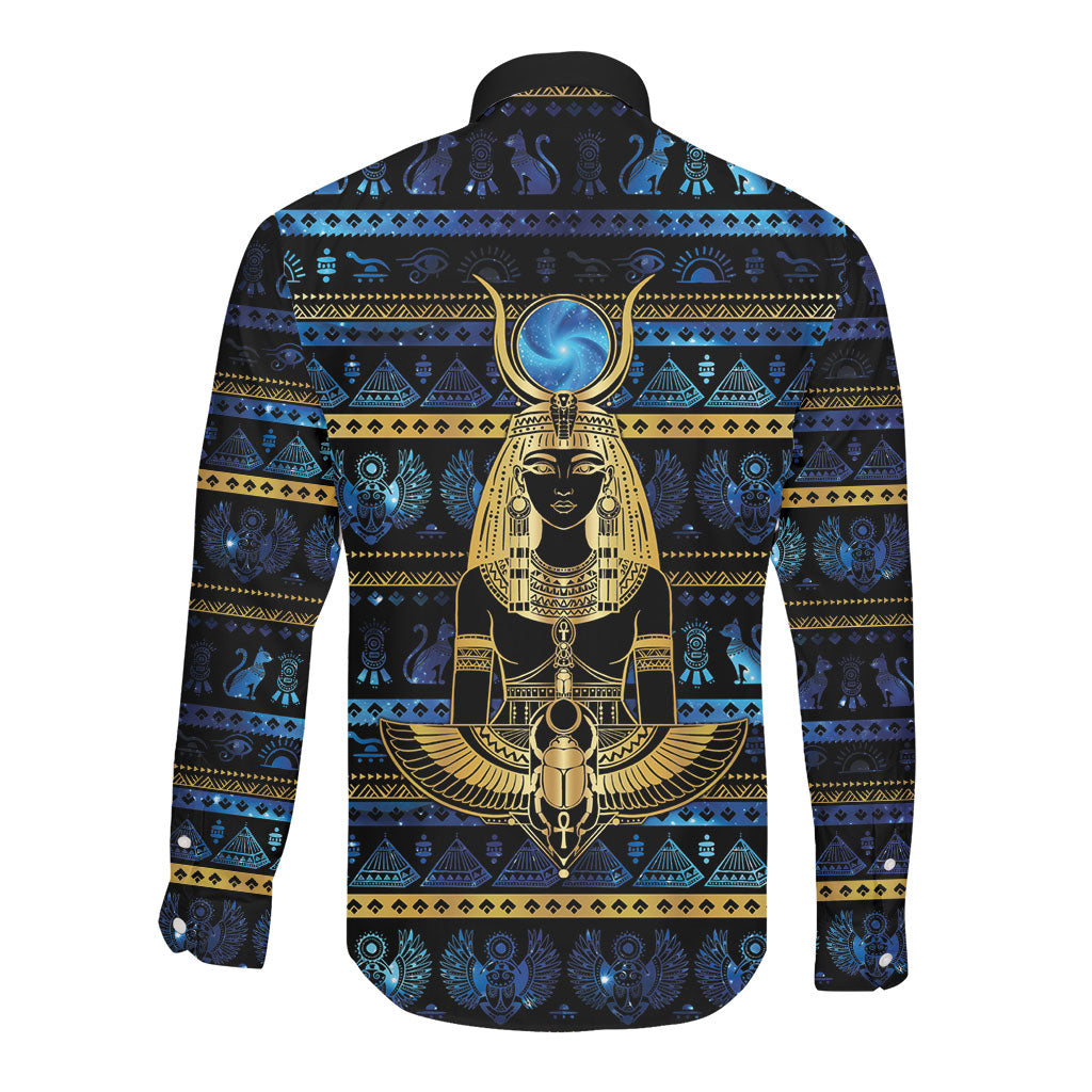 Egyptian Goddess Hathor Long Sleeve Button Shirt Galaxy Ancient Mythology Sun Disk Cow Horn