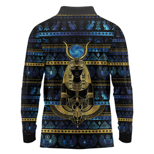 Egyptian Goddess Hathor Long Sleeve Polo Shirt Galaxy Ancient Mythology Sun Disk Cow Horn