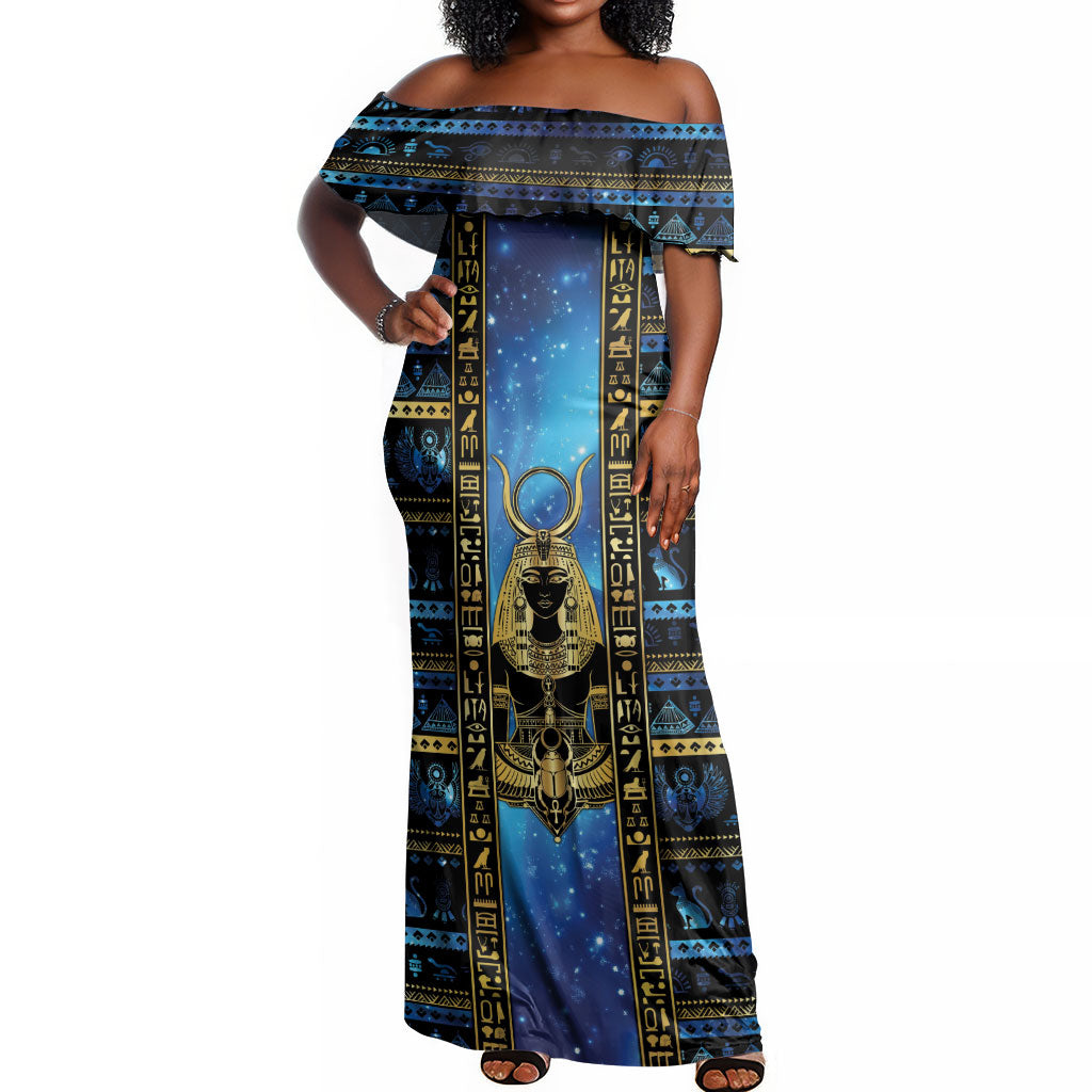 Egyptian Goddess Hathor Off Shoulder Maxi Dress Galaxy Ancient Mythology Sun Disk Cow Horn