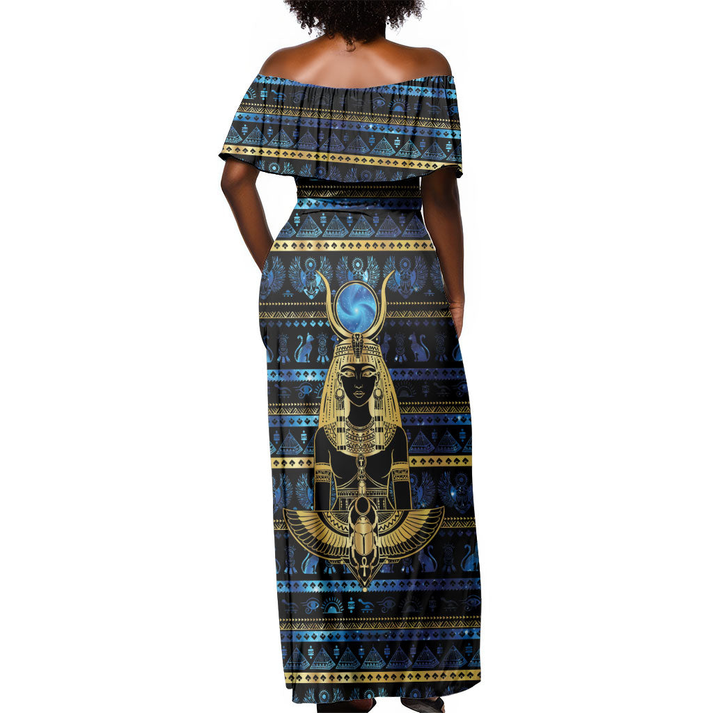 Egyptian Goddess Hathor Off Shoulder Maxi Dress Galaxy Ancient Mythology Sun Disk Cow Horn