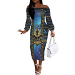Egyptian Goddess Hathor Off The Shoulder Long Sleeve Dress Galaxy Ancient Mythology Sun Disk Cow Horn