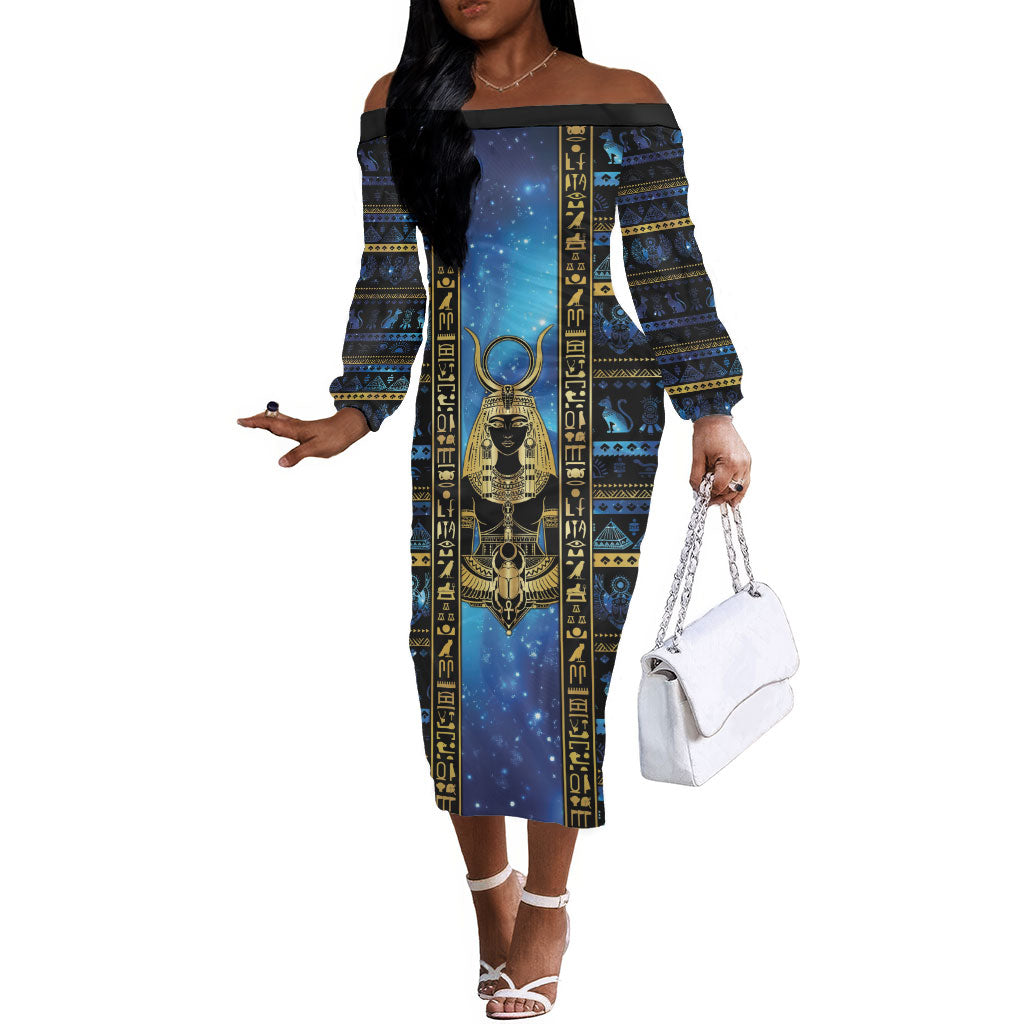 Egyptian Goddess Hathor Off The Shoulder Long Sleeve Dress Galaxy Ancient Mythology Sun Disk Cow Horn