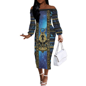 Egyptian Goddess Hathor Off The Shoulder Long Sleeve Dress Galaxy Ancient Mythology Sun Disk Cow Horn