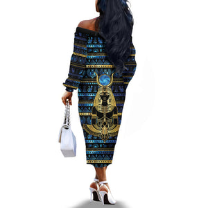 Egyptian Goddess Hathor Off The Shoulder Long Sleeve Dress Galaxy Ancient Mythology Sun Disk Cow Horn