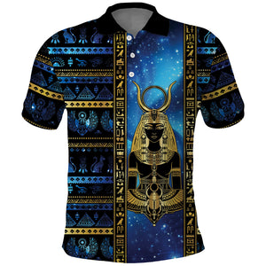 Egyptian Goddess Hathor Polo Shirt Galaxy Ancient Mythology Sun Disk Cow Horn