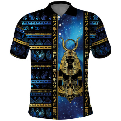 Egyptian Goddess Hathor Polo Shirt Galaxy Ancient Mythology Sun Disk Cow Horn
