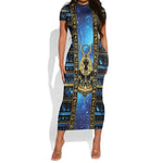 Egyptian Goddess Hathor Short Sleeve Bodycon Dress Galaxy Ancient Mythology Sun Disk Cow Horn