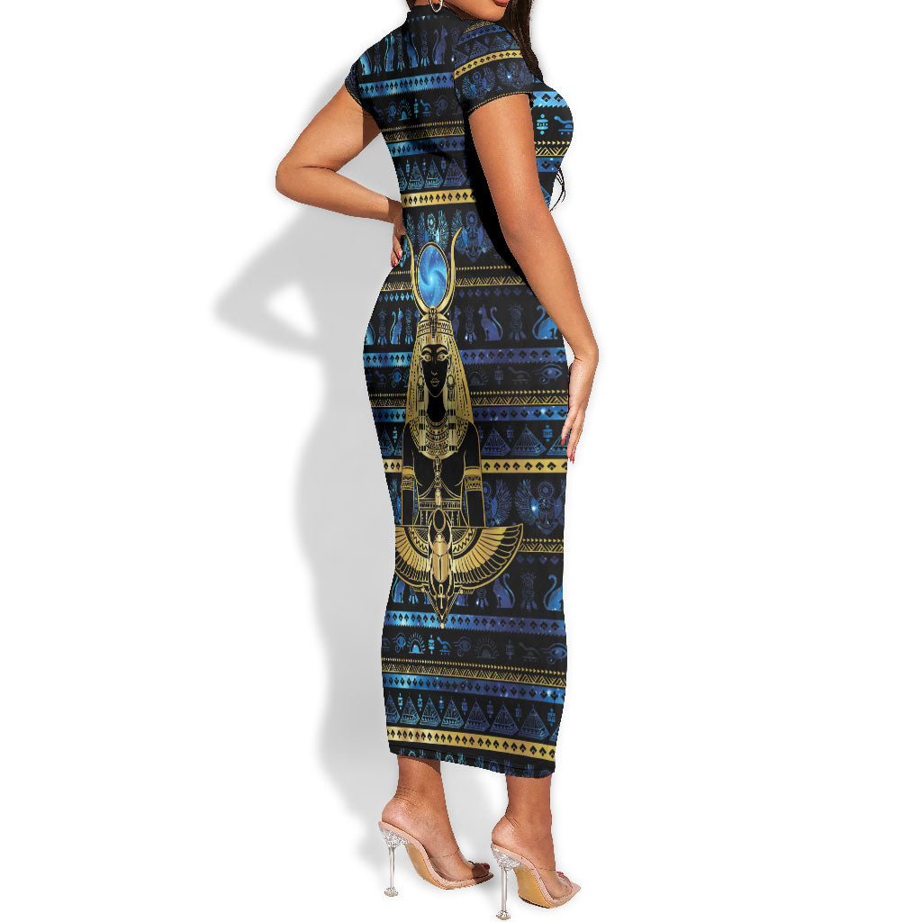 Egyptian Goddess Hathor Short Sleeve Bodycon Dress Galaxy Ancient Mythology Sun Disk Cow Horn